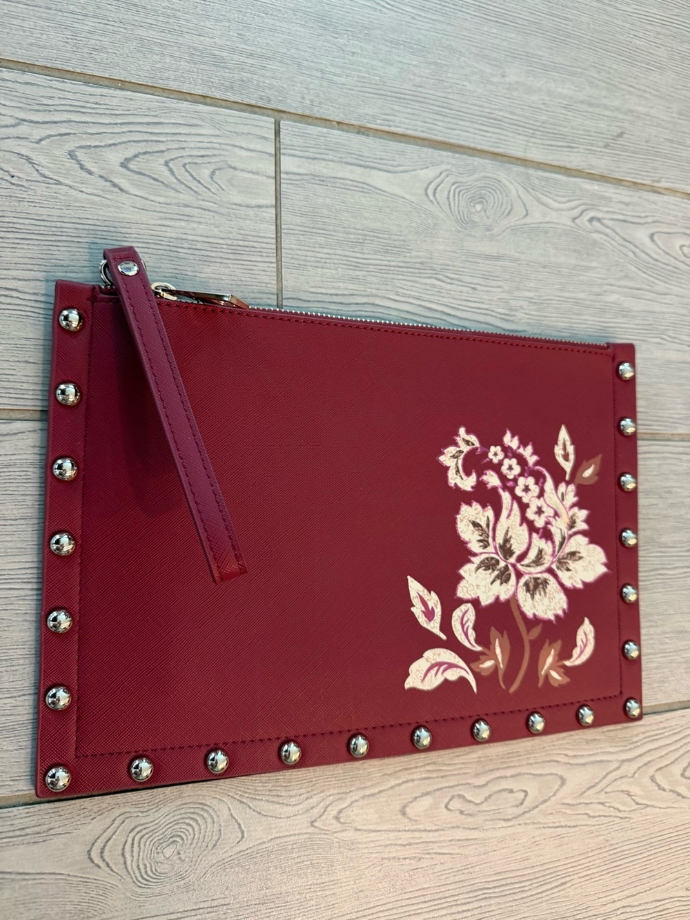 White House Black Market Burgundy Floral Studded Wristlet Clutch - Picture 11 of 12